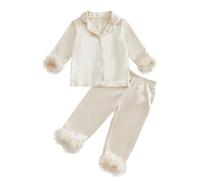 Girls Outfits&Set Children Fashion Casual Comfort Pajamas Long Sleeve Shirt Trousers Two Piece Sleepwear Soft Nightwear (G-Beige, 3-4 Years)