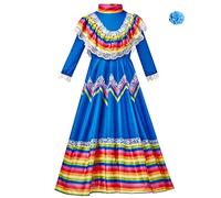 Girls Outfits&Set Kids Child Mexican Traditional Dress Long Sleeve National Style Dance Dress with Headdress for Birthday Party Carnival Cosplay (Blue, 6-8 Years)