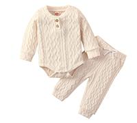 Girls Outfits Set Newborn Infant Baby Autumn Winter Long Sleeve Solid Warm Romper Tops Pants 2PCS Clothes Outfit for Toddler (Beige, 6-12 Months)