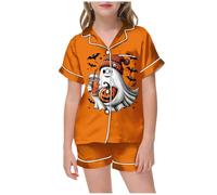 Girls Outfits&Set Pajamas for Children Halloween Personality Printed Shirt and Pant Matching Set Sleepwear Set with Pockets for Comfortable Home Use (Red, 12-13 Years)