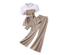 Girls Outfits Sets 2 Piece Casual Ensemble with Lapel Collar Wide Leg for Stylish Toddlers Comfortable Fashion for Everyday Wear, khaki, 11-12 Jahre