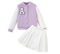 Girls Outfits & Sets Winter Baseball Jacket Pleated Skirt Two Piece Casual School Yoga Sports Outfit for Kids 8 12 Years (Purple, 7-8 Years)