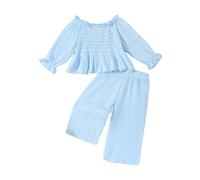 Girls Outfits Toddler Linen Outfit Girl Kids Wide Leg Pants Set Off Shoulder Blouse Ruffle Long Sleeve Shirt Solid Color Outfits (Sky Blue, 4 5 Years)