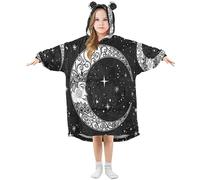Girls Oversized Blanket Hoodie, Art Black Moon Star Ethnic Beautiful Cat Outer Space Warm Fleece Sweatshirt Plush Wearable, Front Roomy Pocket, Cute Ear Cap, L