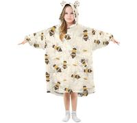 Girls Oversized Blanket Hoodie Poppies Bees Pattern Beige Kids Wearable Blanket Soft Warm Fleece Hooded Sweatshirt Front Big Pocket Pullover Hoody