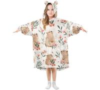 Girls Oversized Blanket Hoodie Poppies Capybara Flower Beige Kids Wearable Blanket Soft Warm Fleece Hooded Sweatshirt Front Big Pocket Pullover Hoody