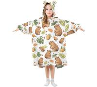 Girls Oversized Blanket Hoodie Poppies Capybara Little Animal Tropical Kids Wearable Blanket Soft Warm Fleece Hooded Sweatshirt Front Big Pocket Pullover Hoody