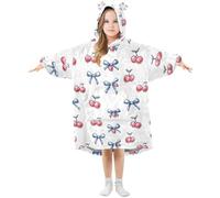 Girls Oversized Blanket Hoodie Poppies Cherry Bow Blue Hooded Blanket for Kids Boys Wearable Blanket Soft Warm Fleece Front Big Pocket