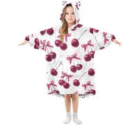 Girls Oversized Blanket Hoodie Poppies Cherry Pink Bow Cherries Hooded Blanket for Kids Boys Wearable Blanket Soft Warm Fleece Front Big Pocket