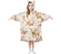 Girls Oversized Blanket Hoodie Poppies Highland Cows Flowers Kids Wearable Blanket Soft Warm Fleece Hooded Sweatshirt Front Big Pocket Pullover Hoody
