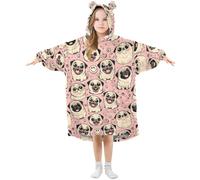 Girls Oversized Blanket Hoodie Poppies Pug Dog Pink Kids Wearable Blanket Soft Warm Fleece Hooded Sweatshirt Front Big Pocket Pullover Hoody