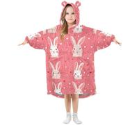 Girls Oversized Blanket Hoodie Poppies Rabbit White Bunny Pink Kids Wearable Blanket Soft Warm Fleece Hooded Sweatshirt Front Big Pocket Pullover Hoody