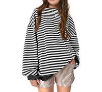 Girls Oversized Classic Striped Sweatshirt Back to School Jumper Teen Girls Round Neck Pullover Tops Soft Comfort Y2K Vintage Drop Shoulder Sweater Casual Outdoor Clothes (Black, 13-14 Years)