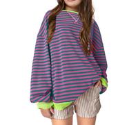 Girls Oversized Classic Striped Sweatshirt Back to School Jumper Teen Girls Round Neck Pullover Tops Soft Comfort Y2K Vintage Drop Shoulder Sweater Casual Outdoor (Dark Purple, 13-14 Years)