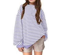 Girls Oversized Classic Striped Sweatshirt Back to School Jumper Teen Girls Round Neck Pullover Tops Soft Comfort Y2K Vintage Drop Shoulder Sweater Casual Outdoor Clothes (Purple, 13-14 Years)