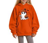 Girls Oversized Hoodie Halloween Printed Hooded Jumper Kangaroo Pocket Sweatshirt Anti-Pill Hoodies PE School Warm Long Sleeve Top Casual Fashion Plain Preppy Sweatshirt (Orange-c, 7-9 years)