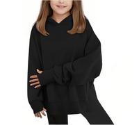 Girls Oversized Hoodies with Thumb Hole Side Split Pullover Sweatshirt Patchwork Plain Hooded Autumn Winter School Trendy Long Sleeve Sweater (Black, 7-8 Years)