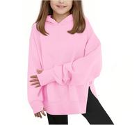 Girls Oversized Hoodies with Thumb Hole Side Split Pullover Sweatshirt Patchwork Plain Hooded Jumper Autumn Winter School Trendy Long Sleeve Sweater (Pink, 7-8 Years)