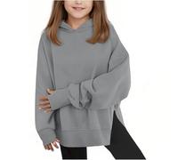 Girls Oversized Hoodies with Thumb Hole Side Split Pullover Sweatshirt Patchwork Plain Hooded Jumper Autumn Winter School Trendy Long Sleeve Sweater (Grey, 11-12 Years)