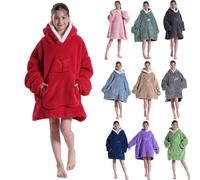 Girls Oversized Wearable Blanket Hoodie Winter Warm Sherpa Fleece Cute Graphic Solid Hooded Sweatshirt With Pocket Kids Fuzzy Home Comfort Onesie (Khaki, 7-12 Years)