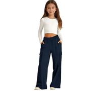 Girls Oversized Wide Leg Cargo Joggers Sweatpants Fleece Athletic Joggers Drawstring Waist and Pockets Kids Baggy High Waist Straight Leg Track Pants School Trousers Solid Color (Navy, 10-11 Years)