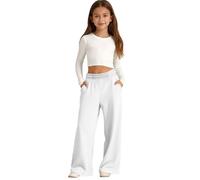 Girls Oversized Wide Leg Joggers Sweatpants Fleece Athletic Joggers Drawstring Waist and Pockets Kids Baggy High Waist Straight Leg Track Pants School Trousers Solid Color (White, 11-12 Years)