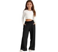 Girls Oversized Wide Leg Joggers Sweatpants Fleece Athletic Joggers Drawstring Waist and Pockets Kids Baggy High Waist Straight Leg Track Pants School Trousers Solid Color (Black, 13-14 Years)