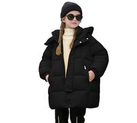 Girls Padded Puffer Coat Boys Winter Hooded Down Parka Coats Warm Zip Up Button Long Quilted Jackets Pockets Plain Thermal Puffy Heavyweight Outerwear (Black, 9-10 Years)
