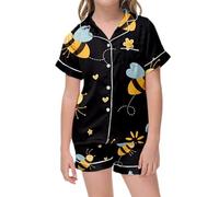 Girls Pajamas, Satin Silky Pjs Set Kids 2Pcs Button-Down Nightwear Sleepwear Gift for Mommy and me (Black-G, 12-13 Years)