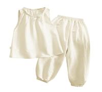 Girls Pajamas Summer Sleepwear Tank Top and Pants Set js Outfit for Baby to Tween (Beige, 11-12 Years)