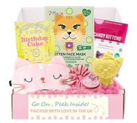 Girls Pamper Set - with Cat Eye Mask, Kitten Shape Bath Bomb for Kids, Lip Balm, Kitty Kids Face Mask, Satin Scrunchie, Happy Birthday Cake Popcorn and Candy Kittens Sweets Sharebag