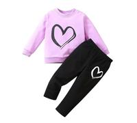 Girls' Pant Sets Valentine's Day Outfit Heart Print Long Sleeve Crewneck Sweatshirt and Sweatpants Jogger Pants Set Cute Casual Toddler Clothes (Purple, 2-3 Years)