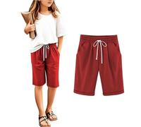 Girls Pants 12 Years Work Trousers Kid Loose Wide Leg Red Girls Casual Summer Shorts Solid Color Pleated Cheeseclothes Sport Half Length Teen Joggers Elastic Waist Drawstring