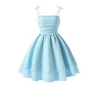 Girls Party Dress, Girl's Summer Dresses Spaghetti Strap Swing Pleated Cotton Dress Tween Kids Flowy Front Ruched Boho Beach Casual Midi Sundress for Princess Birthday Party Wedding Prom Gown Blue