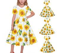 Girls Party Dress Short SleeveWhite Lapel Collar Swing A Line Dress Retro Mixi Casual Dresses Kids Chrysanthemum Flora Printed Boho Princess Dresses Dance #06Yellow 13-14 Years