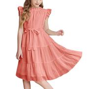 Girls Party Dress Summer Off-Shoulder Adjustable Spaghetti Strap Tiered Ruffle Midi Dresses Kids Princess A-Line Swing Flowy Dress School Prom Performance Wedding (3-Watermelon Red, 7-8 Years)