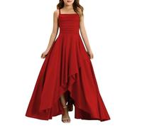 Girls Party Dress Summer Ruffle Short Sleeve Solid Holy Communion Dresses Clothes Kids A-Line Bridesmaid Gown Square Neck Cute Bow Swing Flowy Birthday Prom Long Outfit (A-Red, 11-12 Years)
