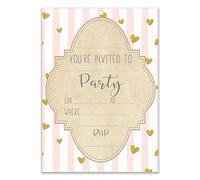 Girls Party Invite Pink Stripe & Gold Hearts 10 Pack Invitations For Any Occasion birthdays, baby showers, hen parties
