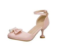 Girls Party Shoes Big Kids Low Block High Heels Pearl Bow Wedding Party Shoes Bridesmaid Evening Occasion Comfort Heeled Glitter Strappy Sandals Dance Shoes Gift for Children (Pink, 1 Big Kids)