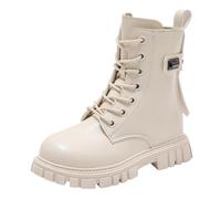 Girls Patent Leather Ankle Boots Chic Street Style Non-Slip Soft Sole Lace-up Trendy Boots for Toddlers to Big Kids Comfortable Durable Everyday Wear Autumn Winter Kids Footwear U White