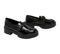 Girls Patent Leather Black Loafers - Black to School Unifrom Slip-On Shoes with Chain Detailing, Anti-Slip Smart Office Footwear for Teens