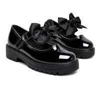 Girls Patent Mary Jane School Shoes Black - Shiny Uniform Flat Shoes with Detachable Bow, Ankle Strap & Anti-Slip Sole - Comfortable for Toddler & Kids Back to School Shoes, 6 UK
