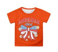 Girls Patriotic Independence Day Tshirt Short Sleeve Tee with Flag Print Casual Comfortable Top for Toddler Kids 3-13 Years (Orange-j, 4-5 Years)