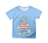 Girls Patriotic Independence Day Tshirt Short Sleeve Tee with Flag Print Casual Summer Top for Toddler Kids 3-13 Years (Sky Blue-h, 3-4 Years)