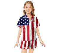 Girls Patriotic Outfit Set USA Flag Graphic Tee with Star Stripes Design Casual Summer Tops and Shorts Comfortable Playwear (Red-19, 8-9 Years)