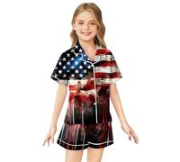 Girls Patriotic Outfit Set USA Flag Star Stripes Tee Top and Shorts Casual Summer Playwear Comfortable Breathable Fabric (B-Black, 4-5 Years)