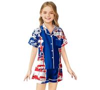 Girls Patriotic Outfits 4th of July Flag Theme Short Sleeve Button Down Shirt and Skirt Set for Toddler Kids Holiday Celebration (P-Blue, 6-7 Years)