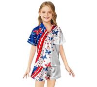 Girls Patriotic Outfits 4th of July Independence Day Flag Print Tops and Shorts Set Casual Summer Playwear Comfortable Breathable Fabric (G-Grey, 4-5 Years)