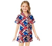 Girls Patriotic Outfits 4th of July USA Flag Theme Summer Short Sleeve Tee and Shorts Set for Toddler Kids Comfortable Casual Wear (M-Brick Red, 8-9 Years)