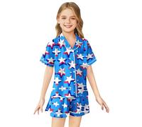 Girls Patriotic Satin Pajama Set Short Sleeve Comfortable Sleepwear 4th of July Themed Outfit for Kids Toddler (Sky Blue-1, 2-3 Years)